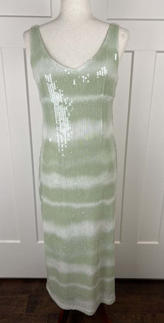 Caroline Constas Sequin Midi Dress M Sage Green Tie Dye Sheath Column Cocktail